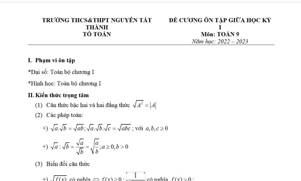 Toán 9. Đề cương Ôn tập giữa học kỳ 1. Trường THCS-THPT Nguyễn Tất Thành năm học 2022-2023